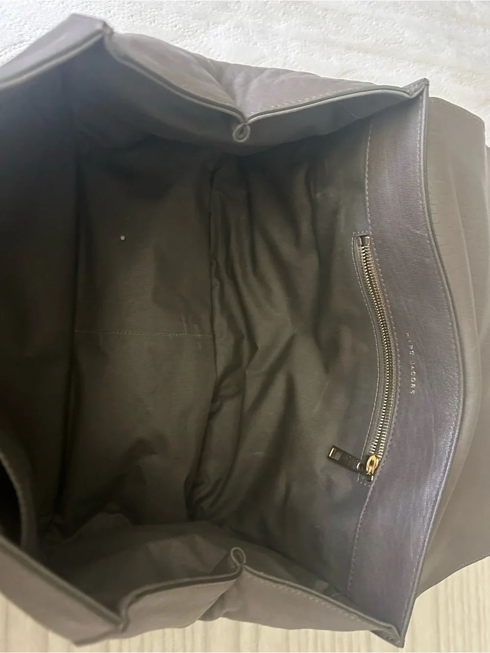 Marc Jacobs Taupe Stanton Leather Top-Handle Satchel with Gold Hardware.